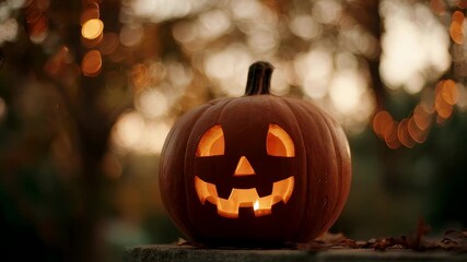 Wall Mural - Carved pumpkin with a glowing face resting on a stone surface, surrounded by blurred autumn foliage and twinkling lights, creating a warm, spooky halloween atmosphere