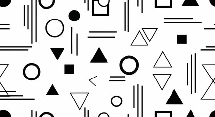 Seamless geometric pattern with abstract shapes including circles, triangles, and squares in minimal modern vector design.