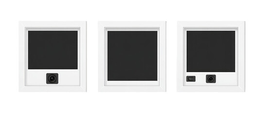 Three white square devices with displays and cameras