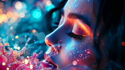 Wall Mural - A woman's face shimmers with a magical glow, surrounded by ethereal bokeh lights.