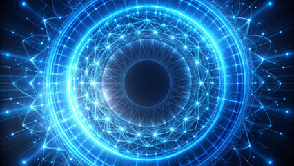 Glowing blue circular network with lines and nodes on dark background