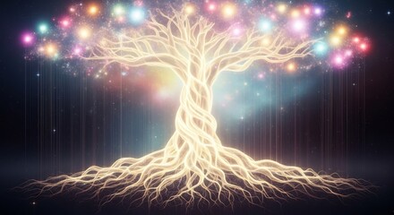Wall Mural - Glowing tree of life artwork with mystic roots and branches. Ideal for spiritual themes, wellness promotion, meditation aids, and inspirational designs. Great for posters.