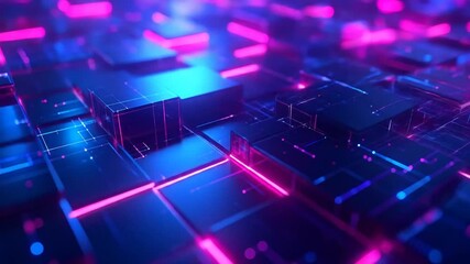 Abstract Neon Grid: Futuristic Technology Background with Glowing Cubes