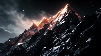 Wall Mural - Geometric mountain range at night with glowing orange peaks under a starry sky.