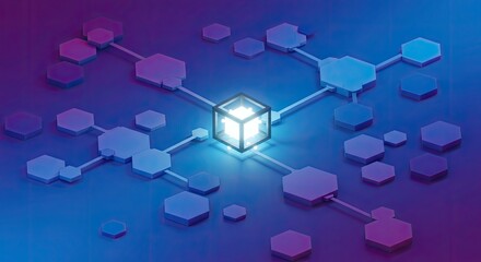 Wall Mural - Illuminated Cube Network:  Abstract 3D Render of Glowing Hexagon Connections