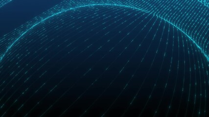Wall Mural - Microworld or sci-fi theme. 3d rendering background of glowing particles that form curved lines and 3d surfaces, grid with depth of field, bokeh. Blue dark bg. 