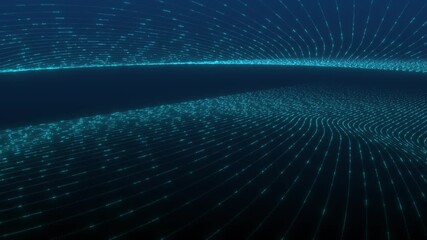 Wall Mural - Microworld or sci-fi theme. 3d rendering background of glowing particles that form curved lines and 3d surfaces, grid with depth of field, bokeh. Blue dark bg. 