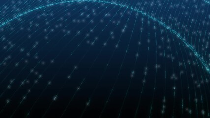 Wall Mural - Microworld or sci-fi theme. 3d rendering background of glowing particles that form curved lines and 3d surfaces, grid with depth of field, bokeh. Blue dark bg. 