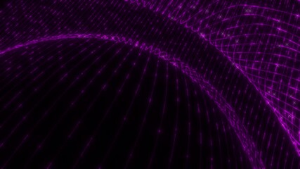 Wall Mural - Microworld or sci-fi theme. 3d rendering background of glowing particles that form curved lines and 3d surfaces, grid with depth of field, bokeh. Blue dark bg. 