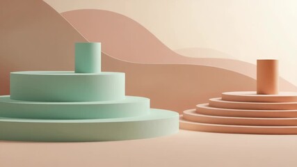 Wall Mural - a minimalist abstract studio scene featuring geometric pastel green and pink stages and curved backd