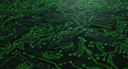 Wall Mural - Intricate Green Circuit Board Design on Black Background, High-Tech Detail