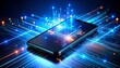 © june put - Futuristic Mobile Phone Illustration with Circuit Board and Glowing Light Effect