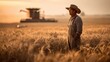 © GoshaMovies - Young farmer in dusty overalls stands in golden wheat field at sunset, combine harvester blurred behind. Rural agriculture portrait with warm light and authentic grit