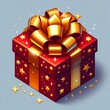 © Live heavenly - Festive Red and Gold Gift Box with Stars and Shiny Ribbon on a Blue Background