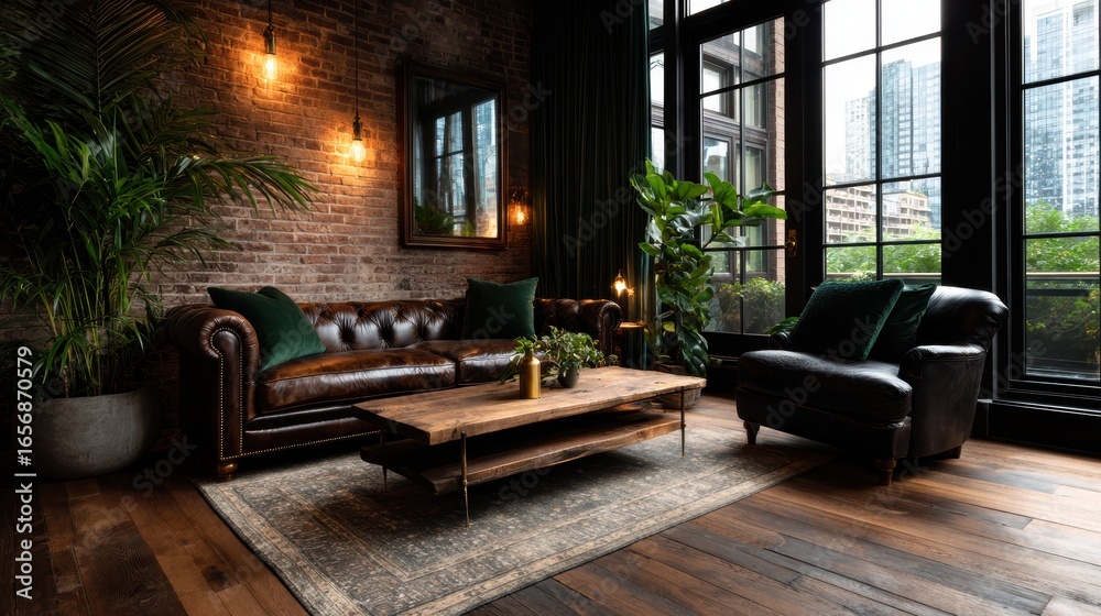 A refined vintage living space exuding richness through its textures, furnishings, and decor, ideal for showcasing luxurious comfort and elegance.