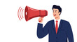 © Ingrid - Man in suit holding a red megaphone making an announcement with sound waves emanating from it shown