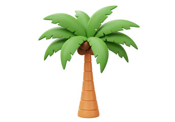 A stylized 3d illustration of a vibrant green palm tree with large fronds and a textured brown trunk, isolated on a clean transparent background, perfect for summer and tropical themes