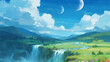 © Pudji - Beautiful Landscape with waterfall and moons on the background, anime lofi style.