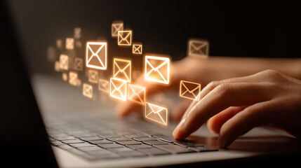 Hands typing on laptop keyboard with glowing email icons communication technology