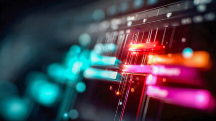 Colorful abstract digital timeline with neon bars and blurred light effects