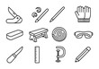 © GRACE - Whittling Tools Icons. Outline icon set of whittling a stick: pocket knife, wood shavings, stick, carving
