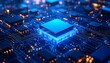 © Harumus - A detailed close-up view of a central processing unit, highlighted by vibrant blue light, situated amidst a complex network of circuit boards.