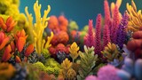 Vibrant, colorful underwater coral reef scene with diverse marine plants and unique formations.