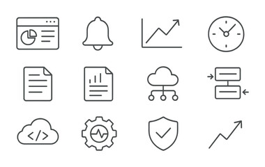 Software Monitoring Icons. Outline icon set of software lifecycle monitoring: dashboard, alert bell,
