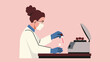 © ST.art - Female scientist in laboratory wearing mask and gloves placing test tube sample into centrifuge machine for medical diagnostics, biology research, and clinical analysis. Flat vector illustration