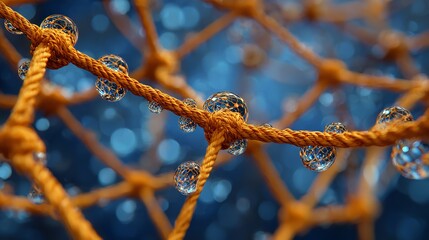 Orange Net with Water Droplets Against a Blue Background