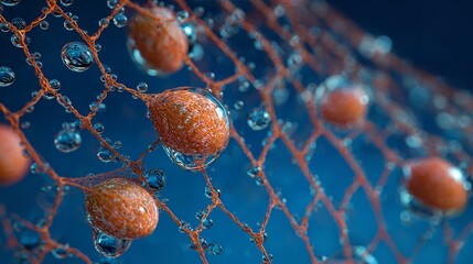 Orange Net with Water Droplets Against a Blue Background