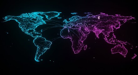 Wall Mural - Neon World Map - Vibrant Blue and Purple Continents Against Black Backdrop.