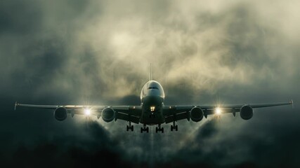 Wall Mural - a commercial airliner soars through a layer of fluffy clouds on a sunny day