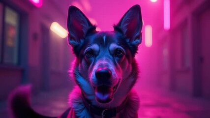 Wall Mural - a photo of a black and white dog standing near a pink glowing object
