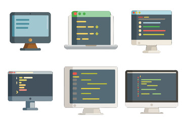 Modern coding interface on multiple screens showing software development, programming, and digital technology solutions for businesses