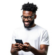 © Shahnaj - A joyous african american man wearing glasses and a white t shirt smiles while looking at his mobile phone isolated on transparent background