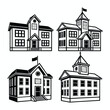 © LailaArtworks - Collection of four detailed black and white hand drawn illustrations of historic school buildings with architectural elements like towers and flags representing education and learning