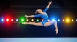 A skilled gymnast performs a split leap in a blue sparkly leotard. She is mid-air during a gymnastics routine, with a colorful spotlight background