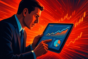 A focused businessman in a sharp suit using a digital tablet to analyze large datasets in a fast-paced, time-sensitive environment. The glowing tablet screen displays charts and graphs, while dynamic,
