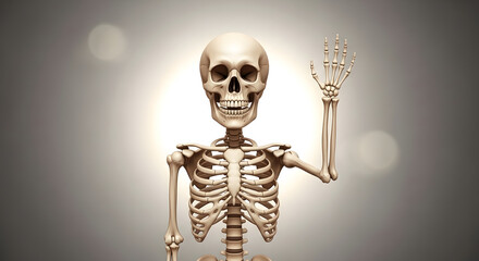 Friendly human skeleton character waving its hand in a welcoming gesture. 3D anatomical illustration on a glowing background.