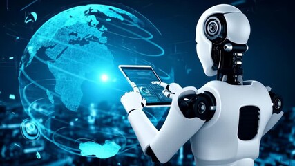 Futuristic Robot Interacts with Global Data on Digital Tablet, Modern AI Communication