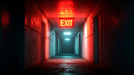 A long, eerie hallway stretches into the distance, illuminated by red and blue neon lights.