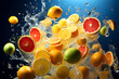 © photosaint - Sliced oranges and limes splash into water creating a refreshing scene in a vibrant setting