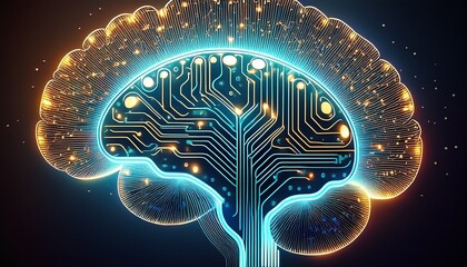 Wall Mural - ai brain circuit pattern with glowing tech lines on dark background