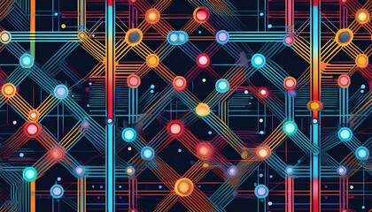 Wall Mural - seamless network diagram pattern with colorful data node structures