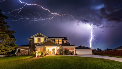 Wall Mural - suburban home lit up by a nighttime lightning storm