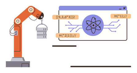 Robotic arm lifting an object beside a screen with coding interface and atomic model visualization. Ideal for AI, robotics, programming, automation, technology, manufacturing, simple flat metaphor