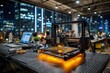 © whitestorm - Close-up of a 3D printer operating in a modern office setting with city view, featuring illuminated design patterns and a laptop workstation.