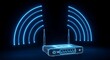 © ChristianRiyanfhi - Futuristic glowing blue digital router emitting wireless wifi signals on a dark background