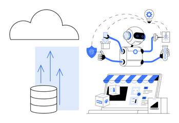 Wall Mural - robot managing e-commerce tasks with icons of data upload, shield, and tools. ideal for technology, 